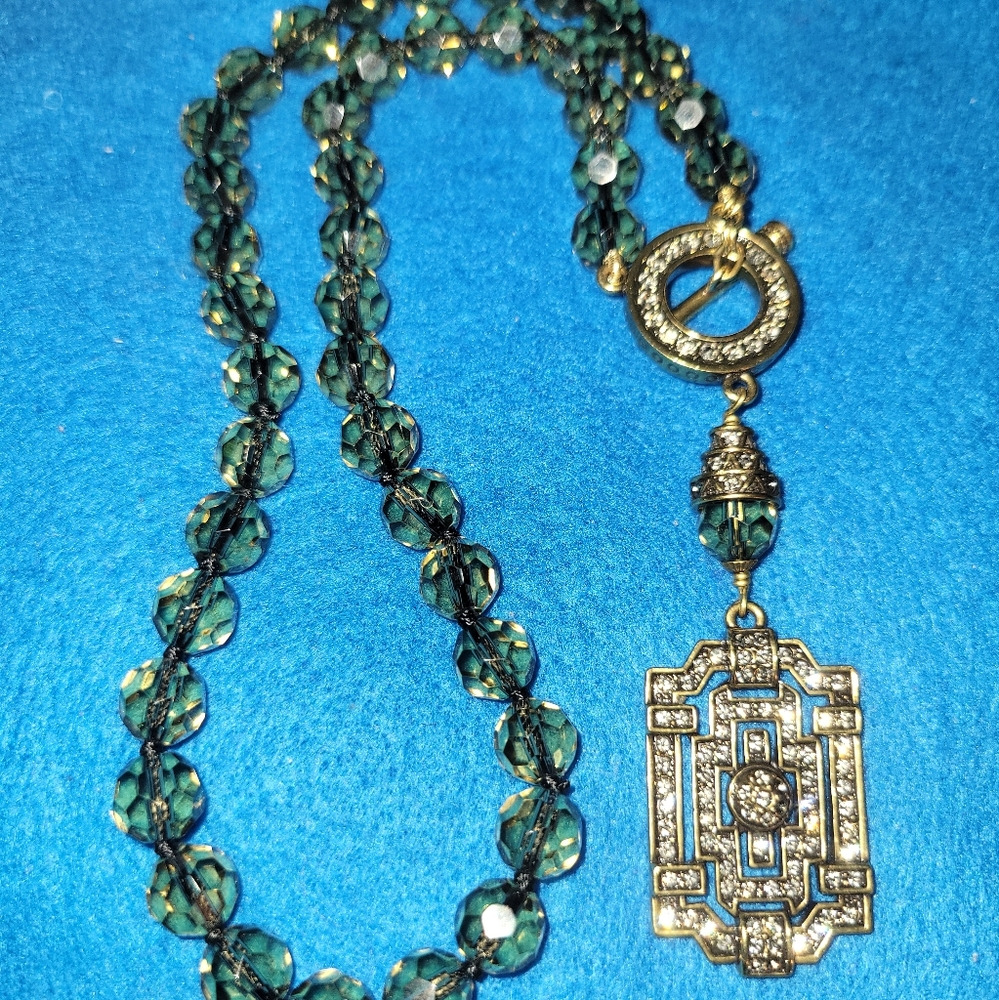 Heidi Daus "Classic Edition" Green Color Glass-Beaded Toggle & Crystal Necklace